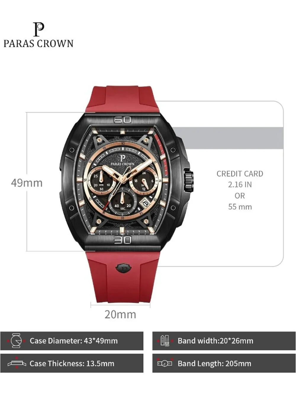 Men's Red Fashion 5ATM Waterproof Quartz Luxury Chronograph Analog Wrist Watches
